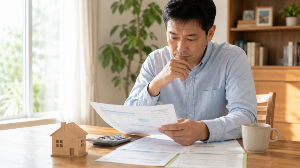 解体後の固定資産税の通知や書類を確認する住宅所有者と家の模型