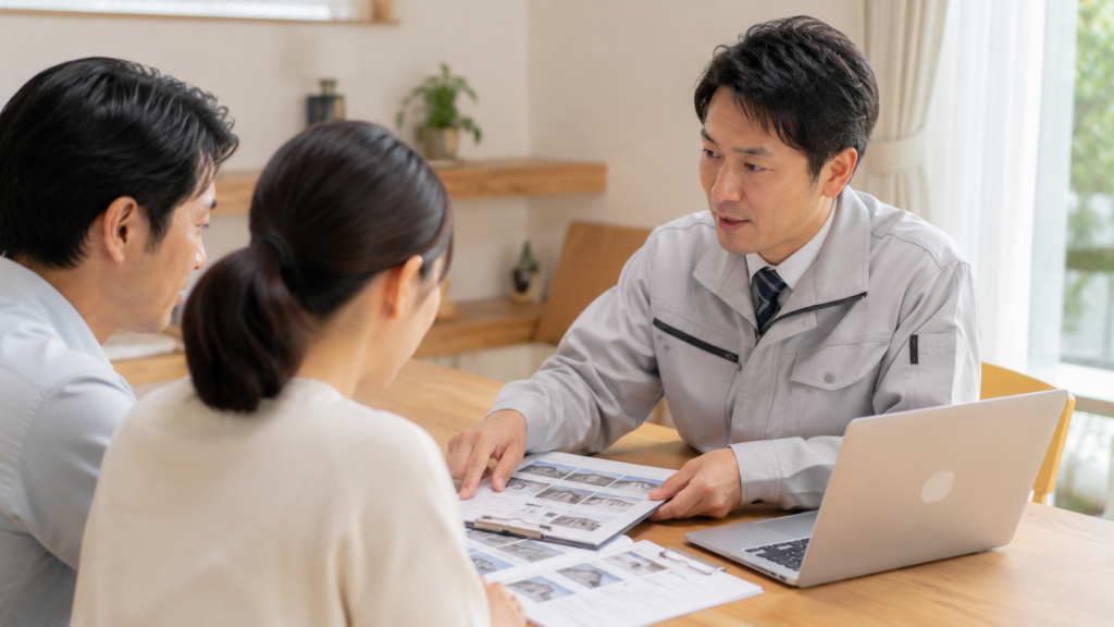 解体現場で産業廃棄物のマニフェスト伝票を確認する現場担当者と分別された廃材