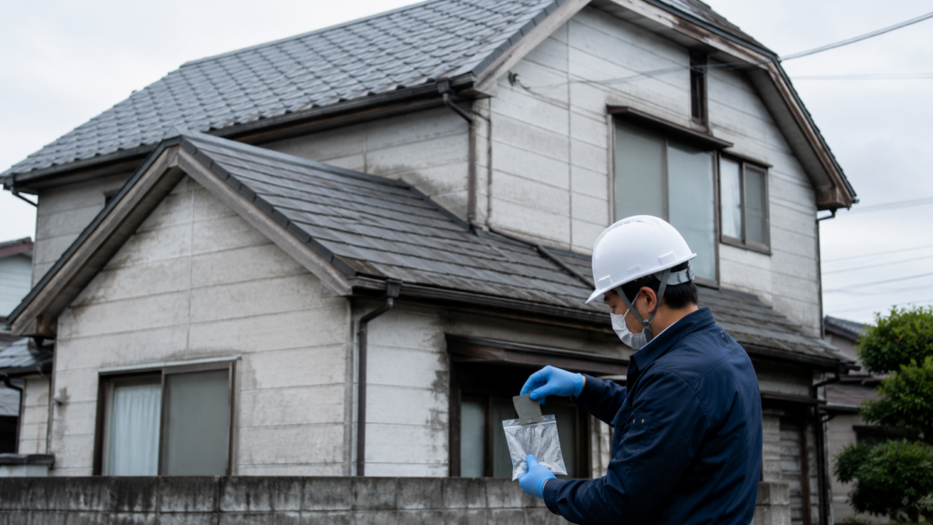 解体前の戸建て住宅で屋根や外壁の成形板から試料を採取するアスベスト分析調査のイメージ