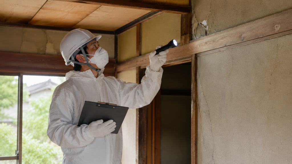 白い防護服とマスクを着けた調査員が古い住宅の壁や天井の建材を確認するアスベスト事前調査の様子