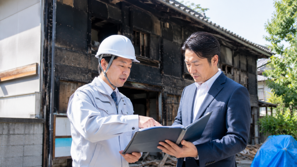 特殊な建物の前で解体プランを説明する解体業者と依頼者
