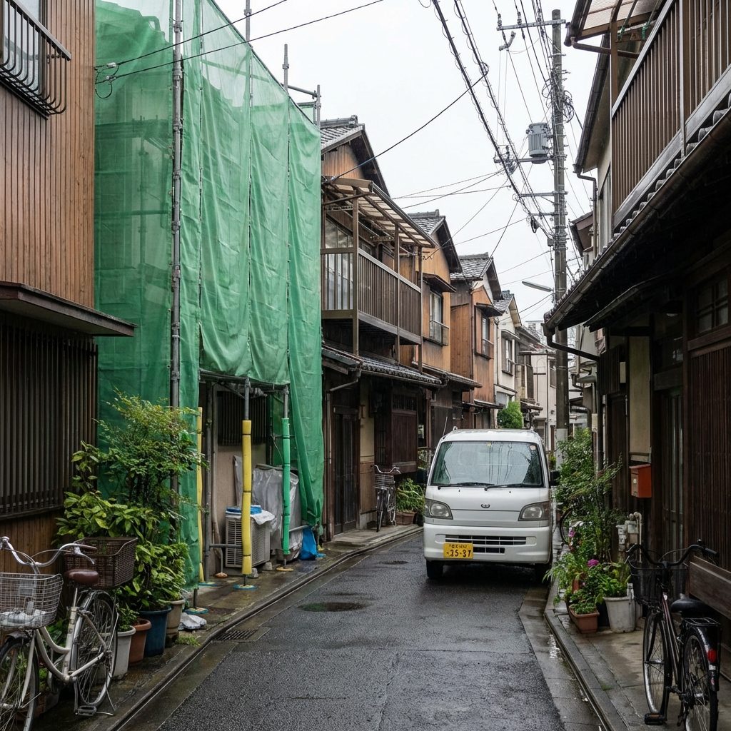 住宅密集地で養生シートに覆われた解体現場