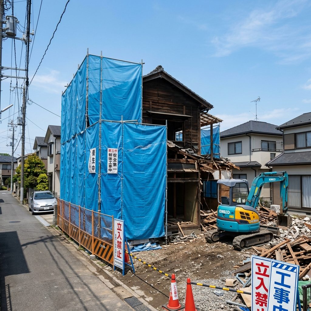 養生シートに囲まれた木造住宅の解体現場